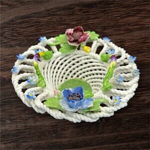 Vintage Denton English Reticulated Porcelain Basket with Applied Flowers